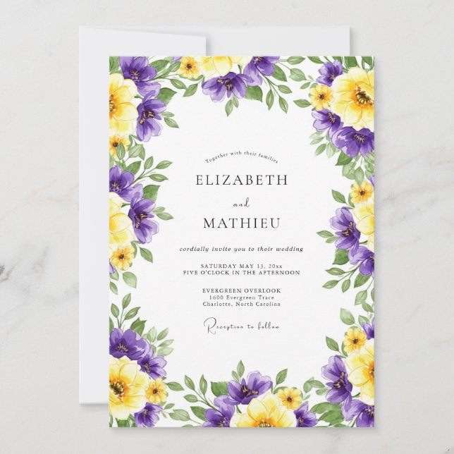 Invitation Mariage Floral Jaune Violet Romantique (Devant)
