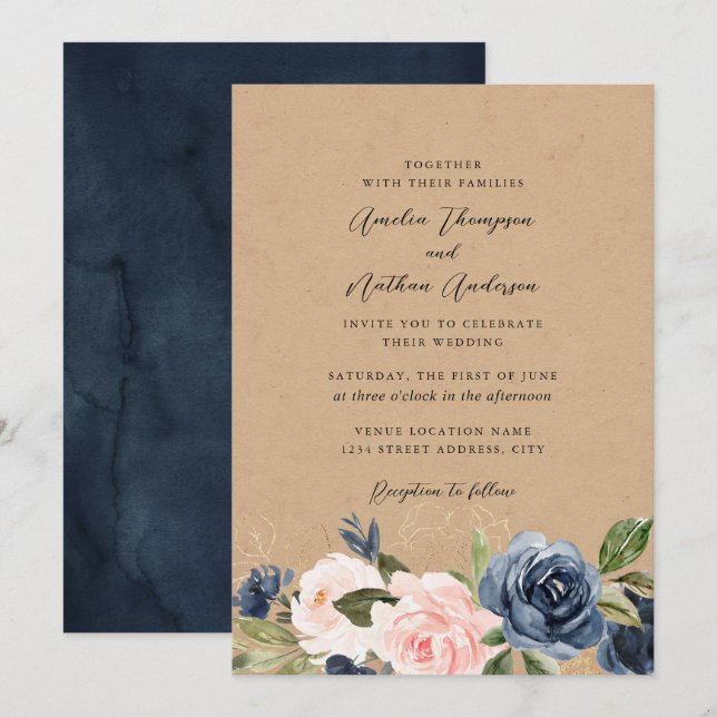 Invitation Mariage Floral Kraft Rustique Navy Blush (Devant / Derrière)