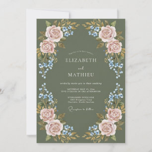 Invitation Mariage Floral Laurier Rose Poussiéreux