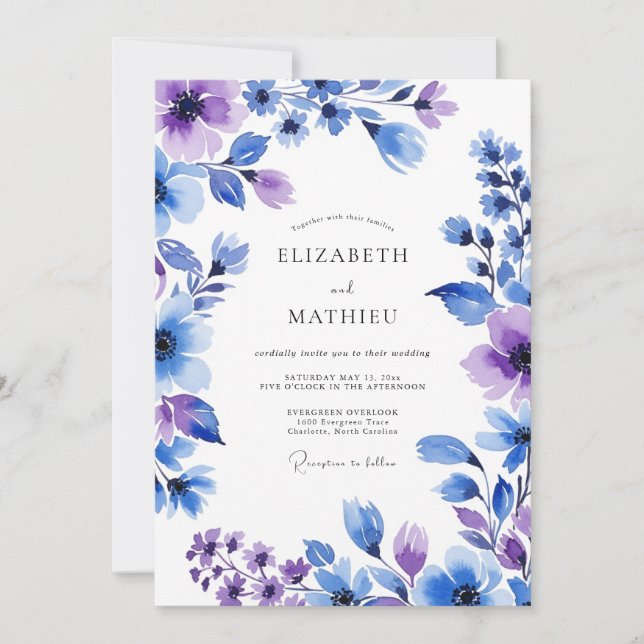 Invitation Mariage Floral Lavande Bleu Painterly (Devant)