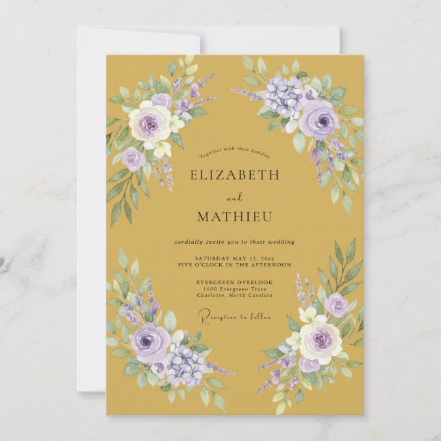 Invitation Mariage Floral Lavande Doré Romance (Devant)