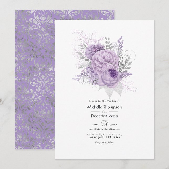 Invitation Mariage Floral Lavande et Argent (Devant / Derrière)
