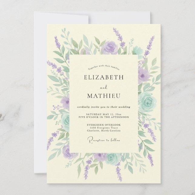 Invitation Mariage Floral Lavande Menthe Murmurant (Devant)