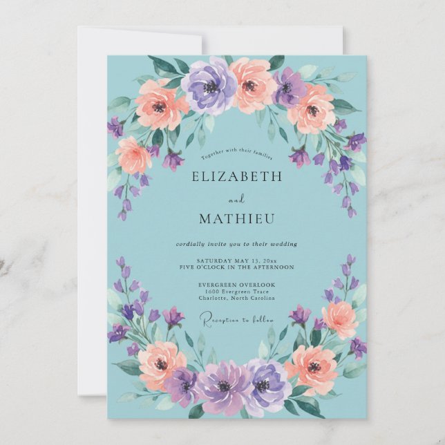 Invitation Mariage Floral Lavande Pêche Cyan (Devant)