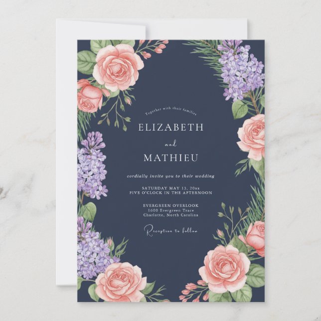 Invitation Mariage Floral Lavande Pêche Navy (Devant)