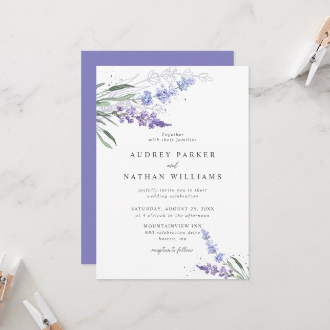 Invitation Mariage Floral Lavande Romantique avec Détails (Devant/Arrière en situation)