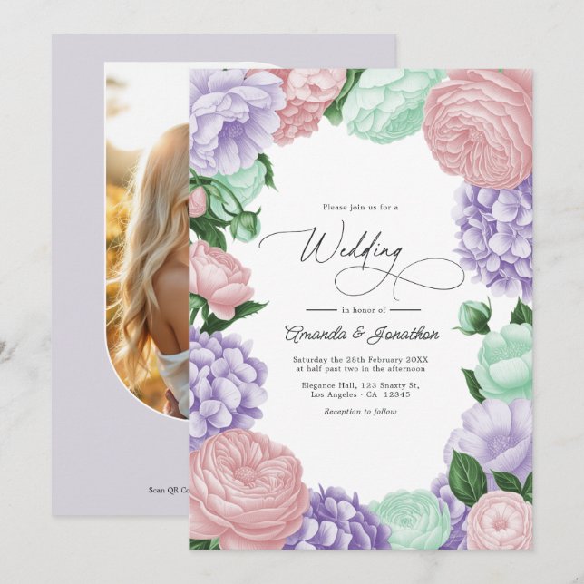 Invitation Mariage Floral Lavande, Rose & Menthe (Devant / Derrière)
