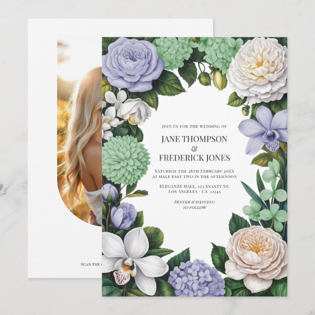 Invitation Mariage Floral Lavande, Vert Menthe et Blanc (Devant / Derrière)
