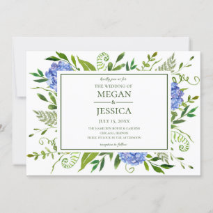 Invitation Mariage floral LGBTQ aux hortensias bleus