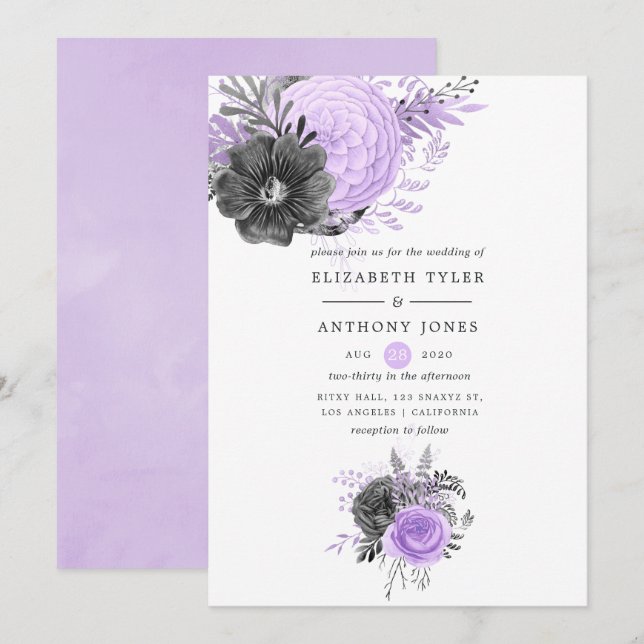 Invitation Mariage floral Lilac et Charcoal (Devant / Derrière)