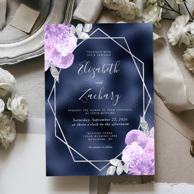 Invitation Mariage Floral Lilas Argent Feuille de Navy (Créateur téléchargé)
