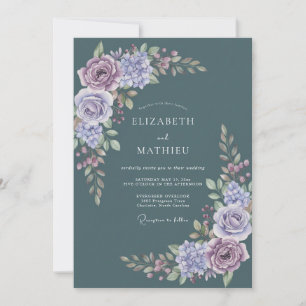 Invitation Mariage Floral Lilas Bleu Ardoise
