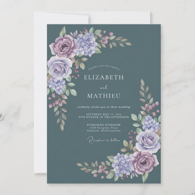 Invitation Mariage Floral Lilas Bleu Ardoise (Devant)