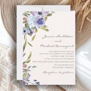 Invitation Mariage Floral Lilas Élégant Bleu Poussiéreux
