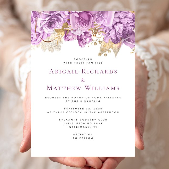 Invitation Mariage Floral Lilas Romantique Or (Créateur téléchargé)