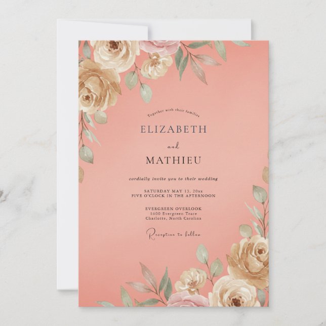 Invitation Mariage Floral Lumineux Corail (Devant)