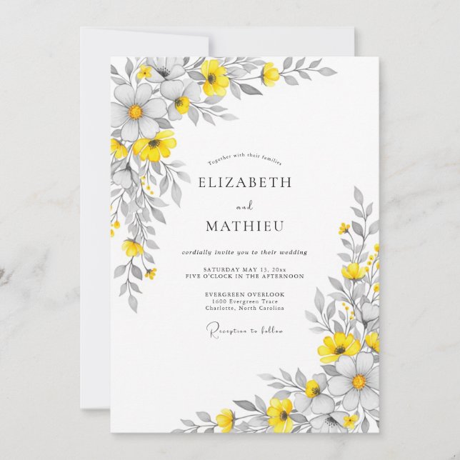 Invitation Mariage Floral Lumineux Gris Jaune (Devant)