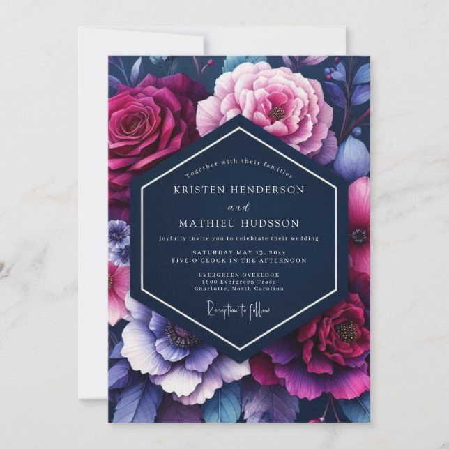 Invitation Mariage Floral Lumineux Indigo (Devant)