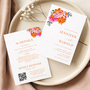 Invitation Mariage floral lumineux rose et orange & détails