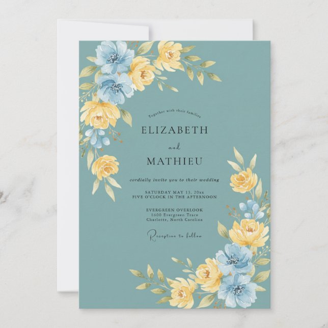 Invitation Mariage Floral Lumineux Sarcelle (Devant)