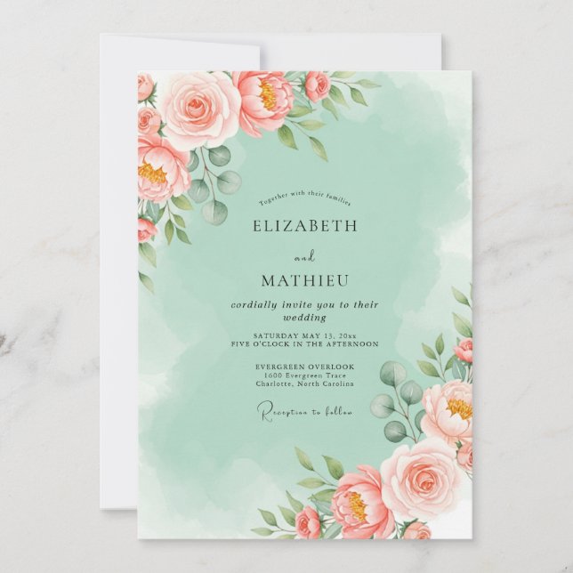 Invitation Mariage Floral Lumineux Vert Menthe (Devant)