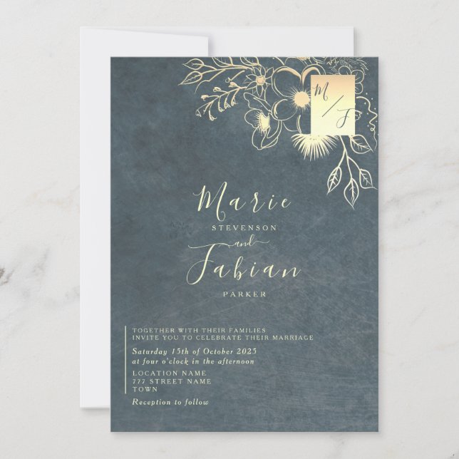 Invitation Mariage Floral Luxe Bleu Nuit Or (Devant)