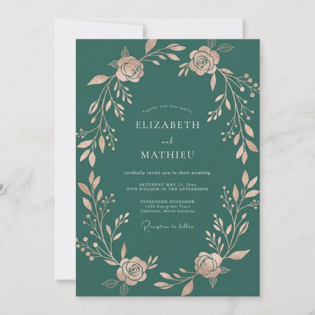 Invitation Mariage Floral Luxe Vert Émeraude (Devant)