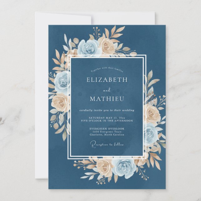 Invitation Mariage Floral Luxueux Bleu Acier (Devant)
