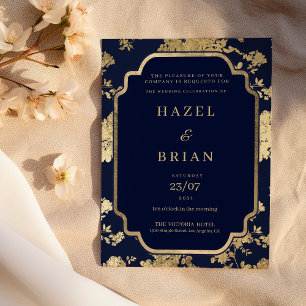 Invitation Mariage floral luxueux bleu marine et or