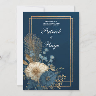 Invitation Mariage Floral Luxueux Bleu Nuit Or Palmier