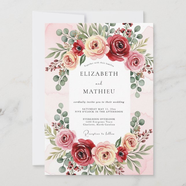 Invitation Mariage Floral Luxueux Bourgogne (Devant)
