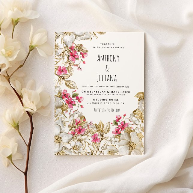 Invitation Mariage floral luxueux rose blanc or (Elegant pink white luxury gold floral Wedding )