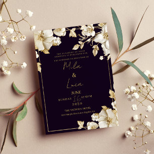 Invitation Mariage floral luxueux violet foncé or blanc