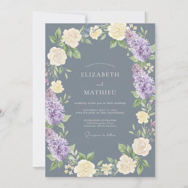 Invitation Mariage Floral Luxuriant Bleu Ardoise (Devant)