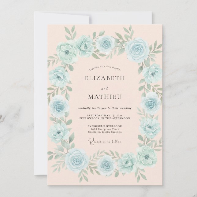 Invitation Mariage Floral Luxuriant Bleu Ciel (Devant)