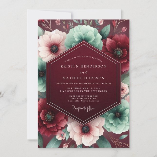 Invitation Mariage Floral Luxuriant Bourgogne (Devant)