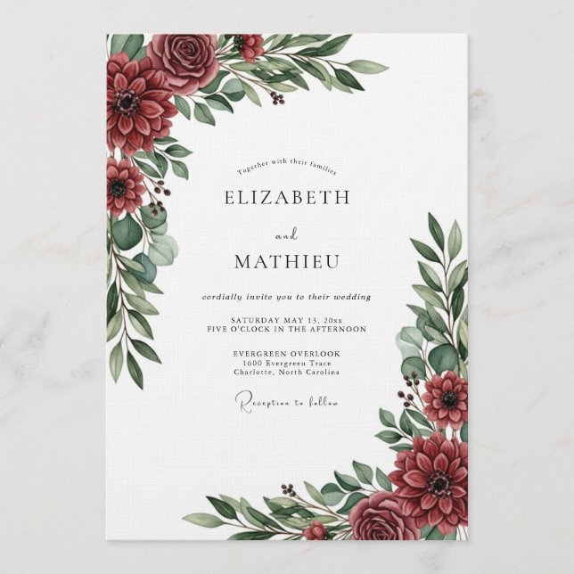 Invitation Mariage Floral Luxuriant Bourgogne (Devant)