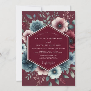 Invitation Mariage Floral Luxuriant Bourgogne & Ardoise