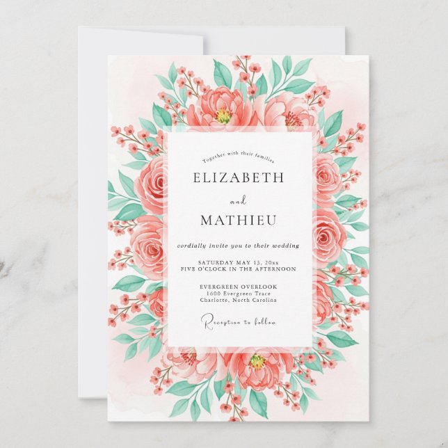 Invitation Mariage Floral Luxuriant Corail (Devant)