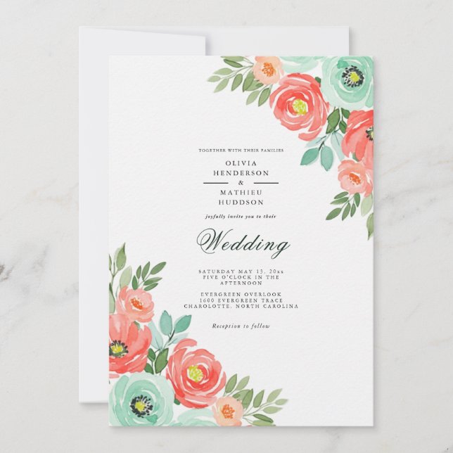 Invitation Mariage Floral Luxuriant Corail Menthe (Devant)