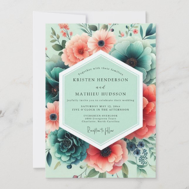 Invitation Mariage Floral Luxuriant Corail Menthe (Devant)