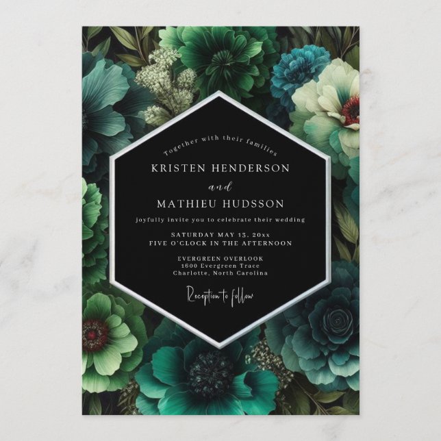 Invitation Mariage floral luxuriant émeraude (Devant)