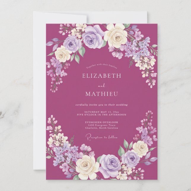 Invitation Mariage Floral Luxuriant Framboise (Devant)