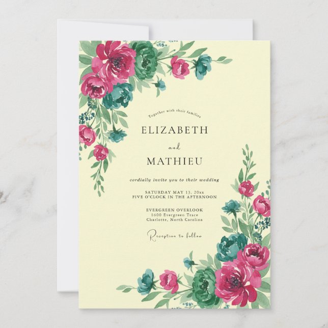 Invitation Mariage Floral Luxuriant Fuchsia Sarcelle (Devant)