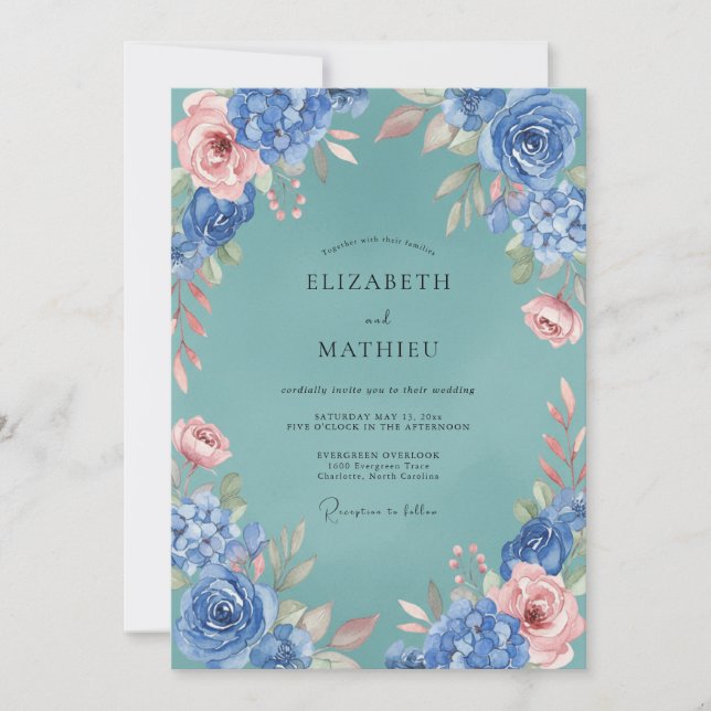 Invitation Mariage Floral Luxuriant Rose Bleu (Devant)