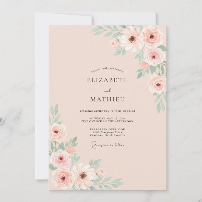 Invitation Mariage Floral Luxuriant Rose Tendre (Devant)