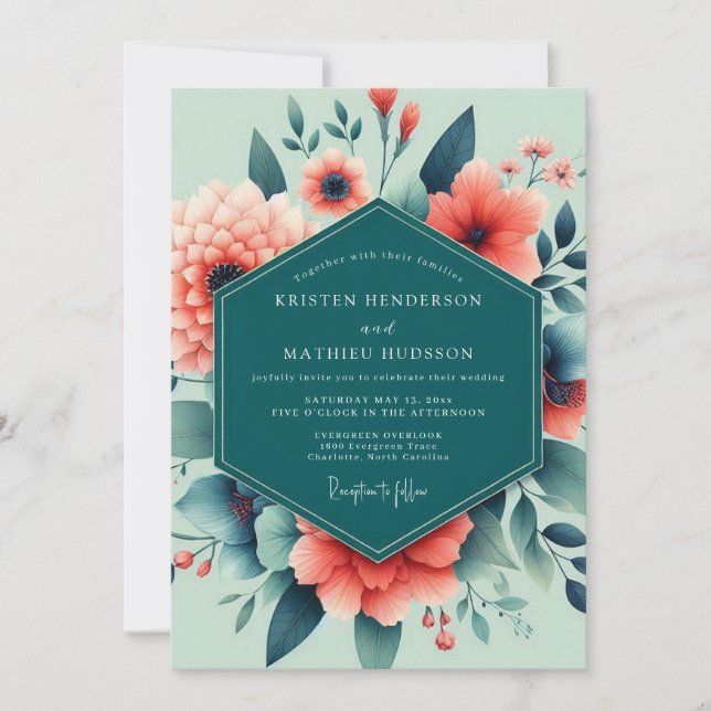 Invitation Mariage Floral Luxuriant Sarcelle Corail (Devant)