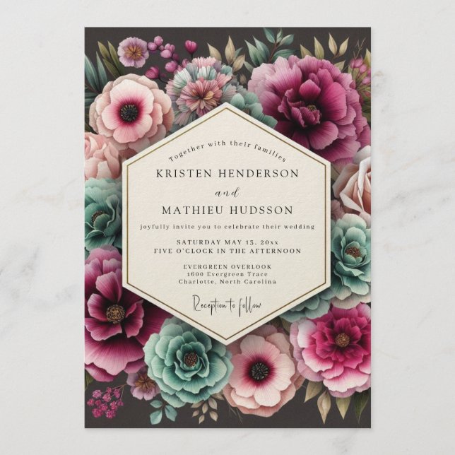 Invitation Mariage floral luxuriant sarcelle et magenta (Devant)