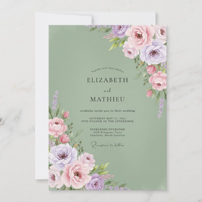 Invitation Mariage Floral Luxuriant Vert Sauge (Devant)