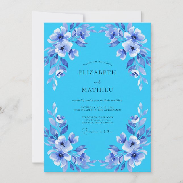 Invitation Mariage Floral Lyrique Bleu Ciel (Devant)